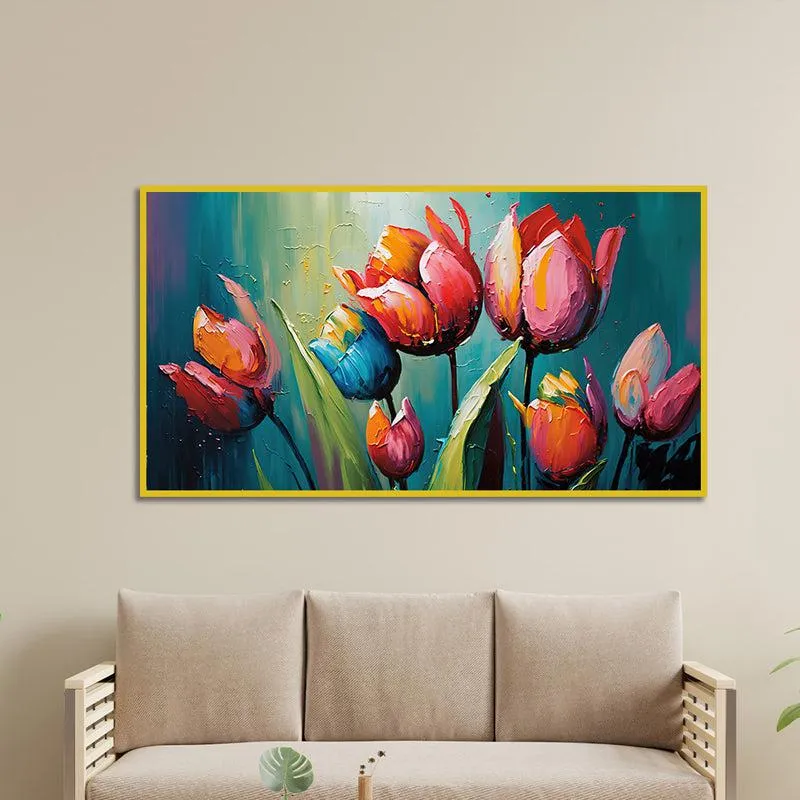 Tulip Brushstrokes Floral Canvas Wall Painting With Frame - Gold media 1