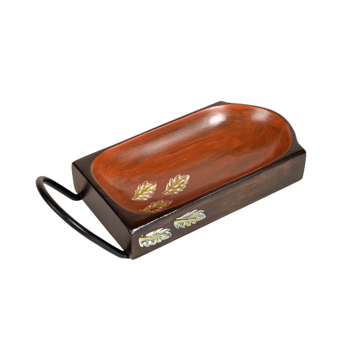 Decorative brown platter showing its black handle and botanical leaf motifs