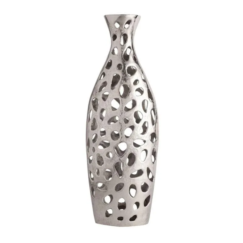 Angled view of a silver cutout urn vase on a white background