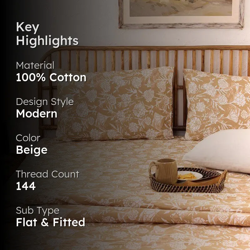 Beige floral bedsheet set styled on a wooden bed