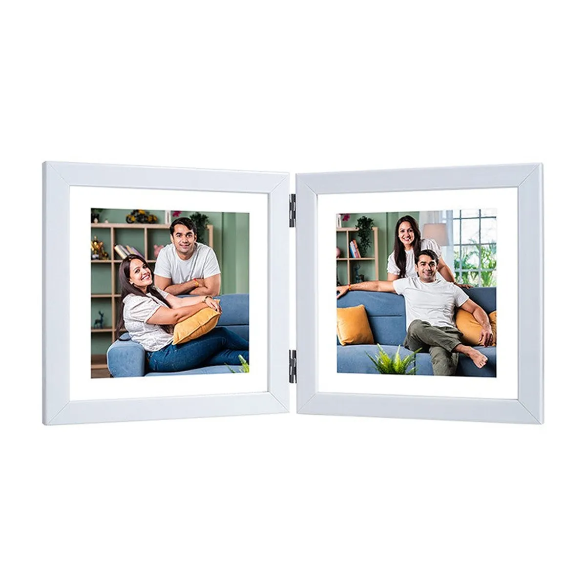 Open white foldable photo frame with two square photo openings