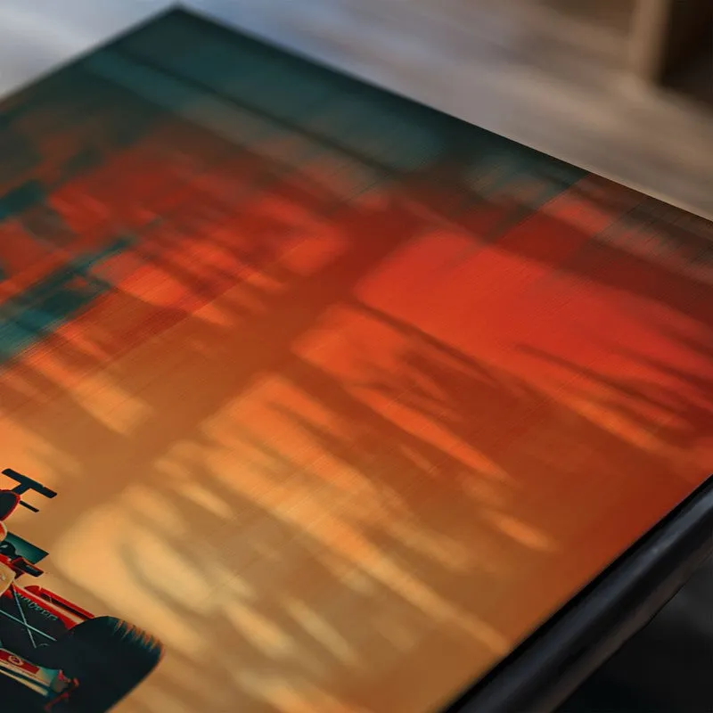 Close-up of a racing car poster with orange and teal gradient background