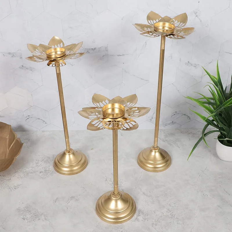 Gold Phool Tea Light Holder - Set Of Three media 1
