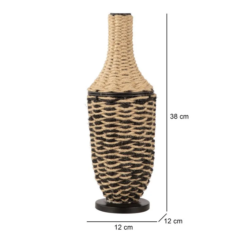 Black and brown jute vase shown with dimension lines on a white background