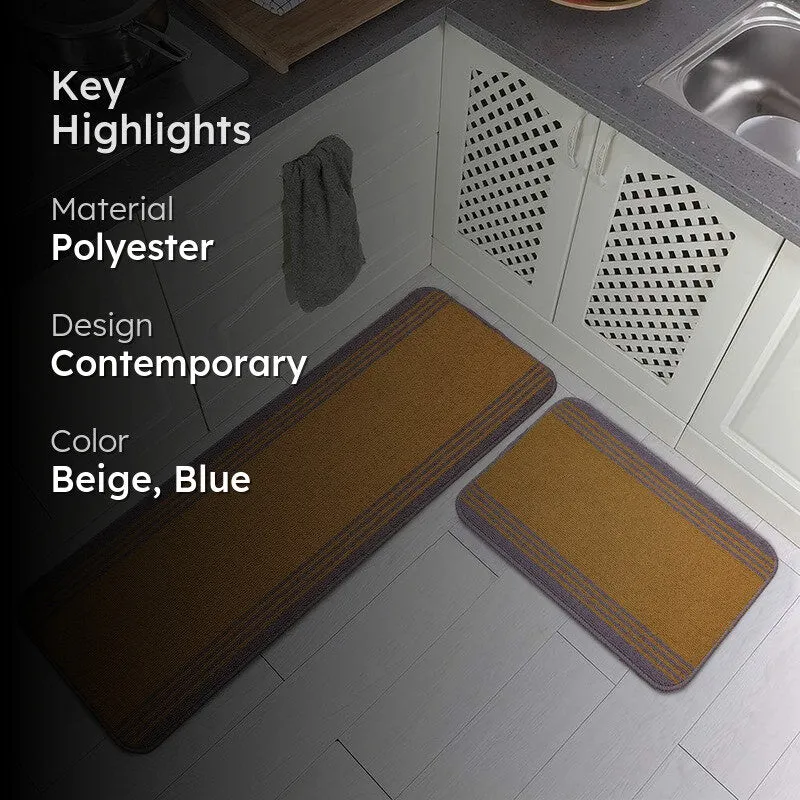 Stripe Haven Kitchen Floor Mats (Beige, Blue) - Set of Two media 2