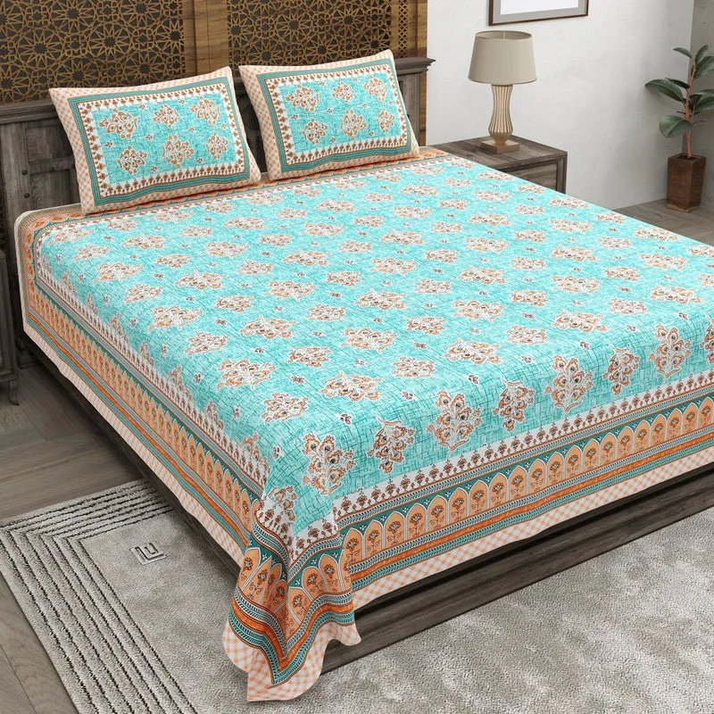 Royalon Cotton Bedsheet (Blue,Peach) - 240 TC media 1