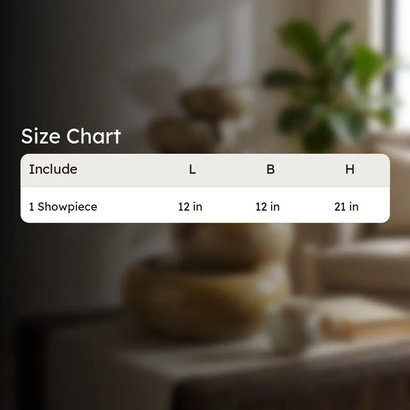 Blurred living room background with the fountain and a size chart overlay