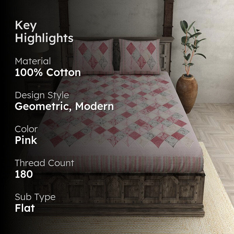 Mateo Geomatric Cotton Bedsheet (Pink) - 180 TC media 2