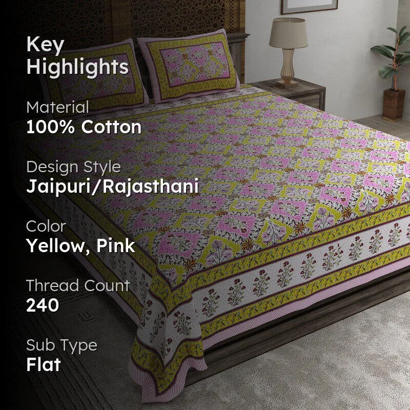 Royala Cotton Bedsheet (Yellow,Pink) - 240 TC media 2
