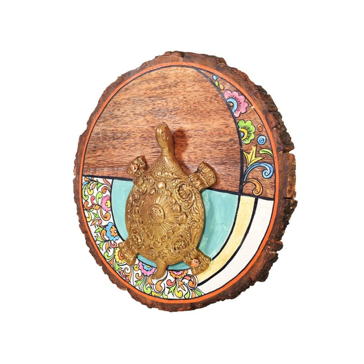 Angled view showing the raised tortoise motif and colourful floral border