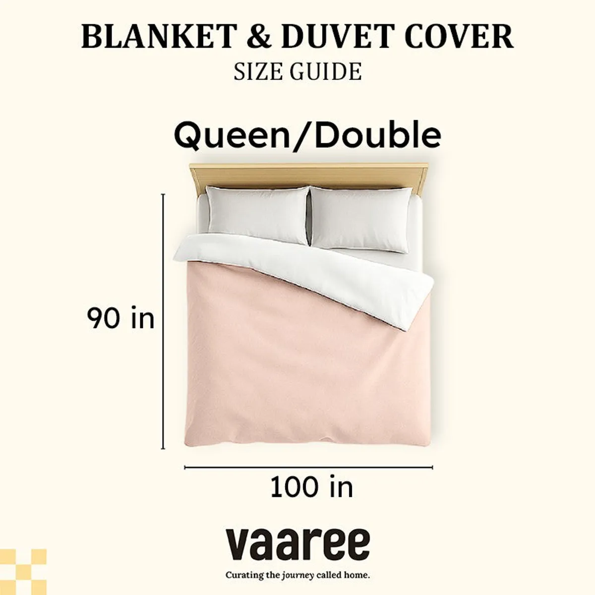 Queen/Double duvet cover size guide shown with a bed illustration.