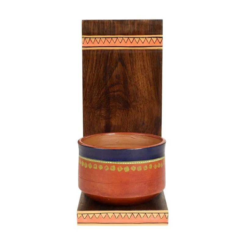 Asoori Wooden Wall Shelf With Earthen Planter - Set Of Two media 3