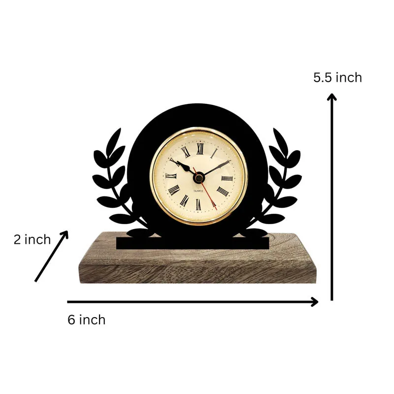 Table clock with laurel design shown with size markings