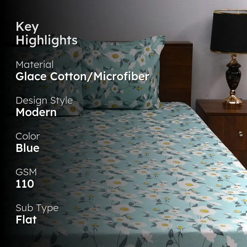 Leena Floral Microfiber Bedsheet (Blue) - 110 GSM media 2