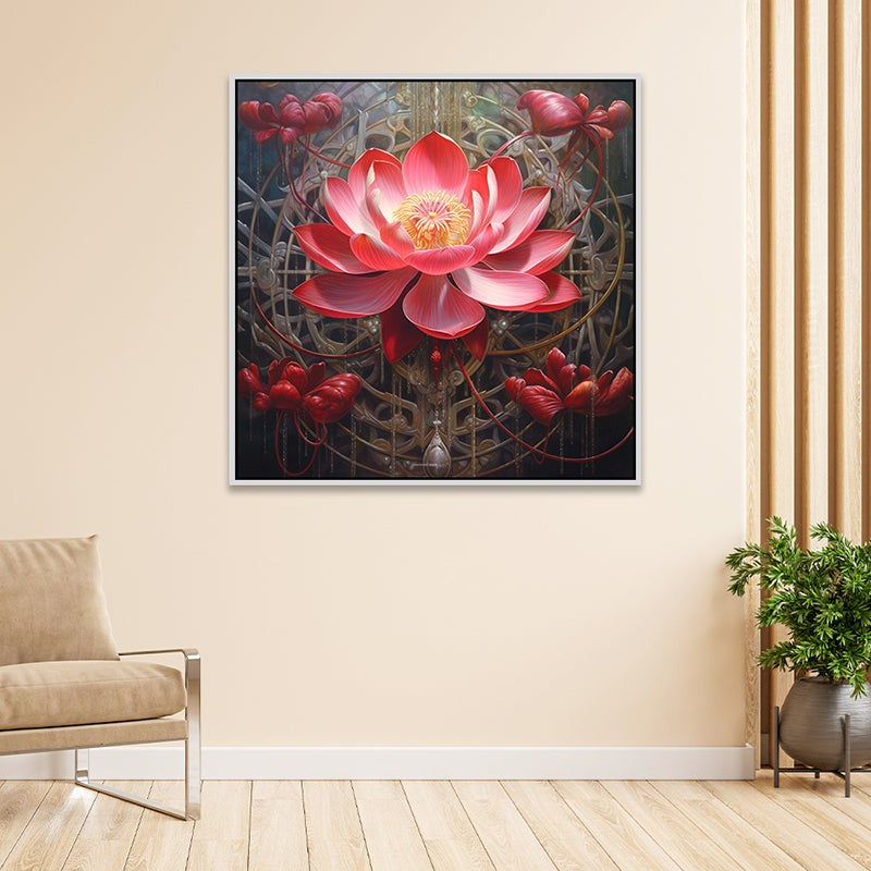 Glowing Lotus Canvas Wall Painting With Frame - White