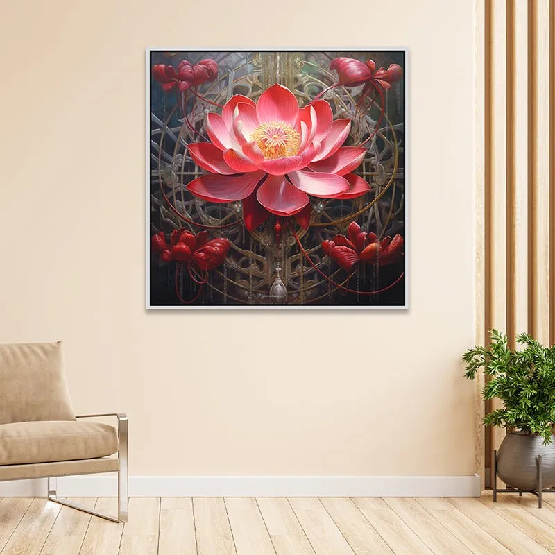 Glowing Lotus Canvas Wall Painting With Frame - White media 1