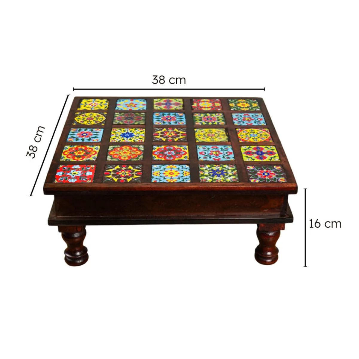 Square wooden stool with colourful tiled top shown with dimensions