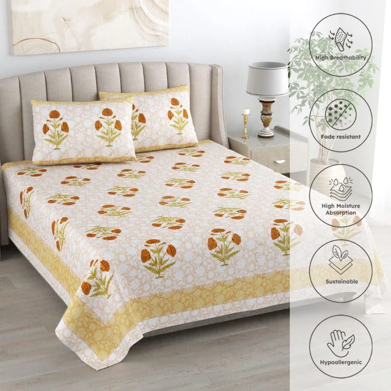 Barkha Ethic Floral Cotton Bedsheet (Yellow,Brown) - 150 TC media 3