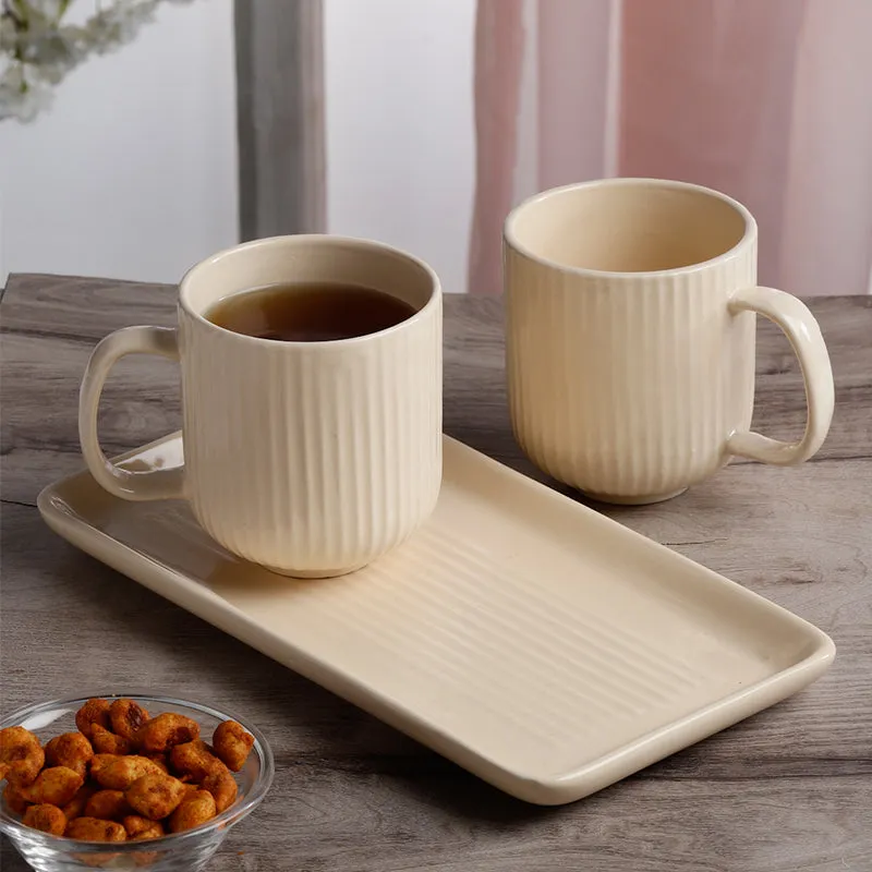 Vantera Beige Ceramic Mug And Tray (220 mL Each) - Three Piece Set media 1