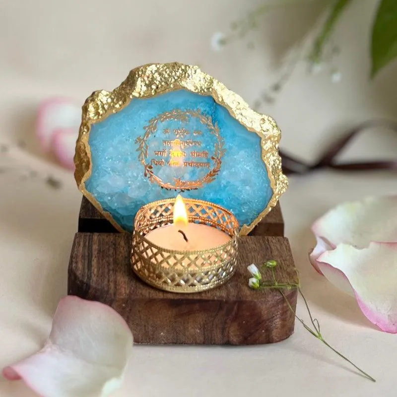 Gayathri Mantra Handcrafted Agate Religious Accent With Tealight Candle Holder - Turquoise media 4
