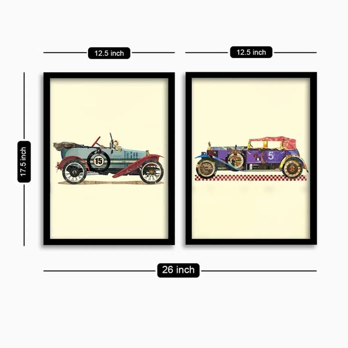 Two framed prints shown with size markings on a white background