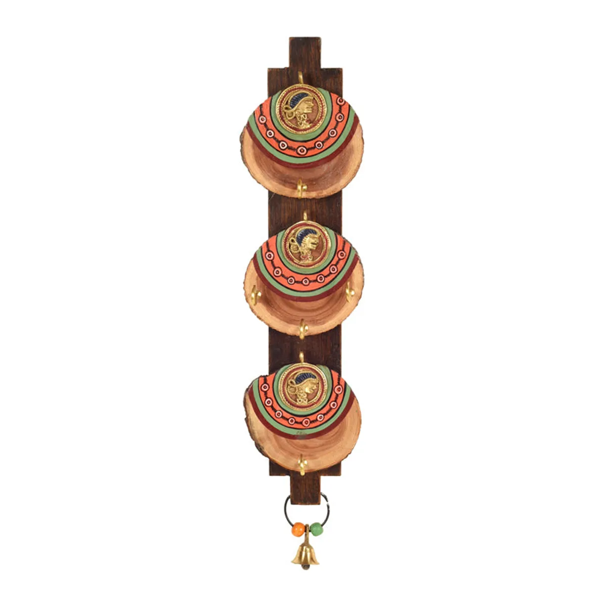 Miyara brown wood and brass key holder with colourful circular details and a hanging bell