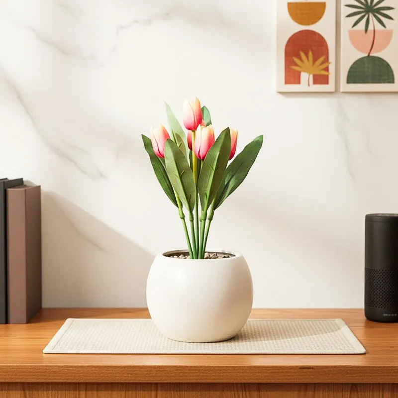 Artificial Tulip Flower Plant With Black Plastic Pot - Pink,Yellow media 6