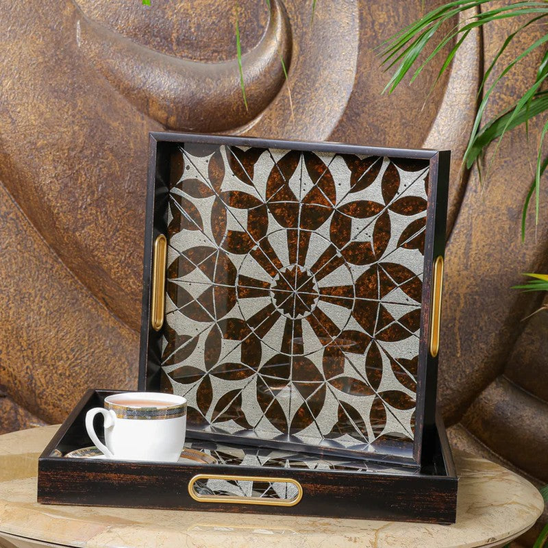 Heritage Carry (Wood,Glass) Serving Tray - Set of Two