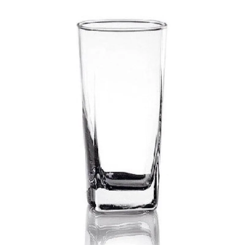 Angled view of a clear glass tumbler with a thick square base