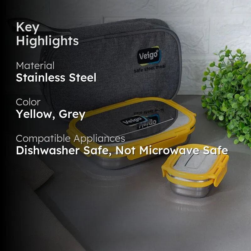 Delico Pack Yellow Lunch Box With Insulated Pouch (775 mL /150 mL) - Three Piece Set media 2