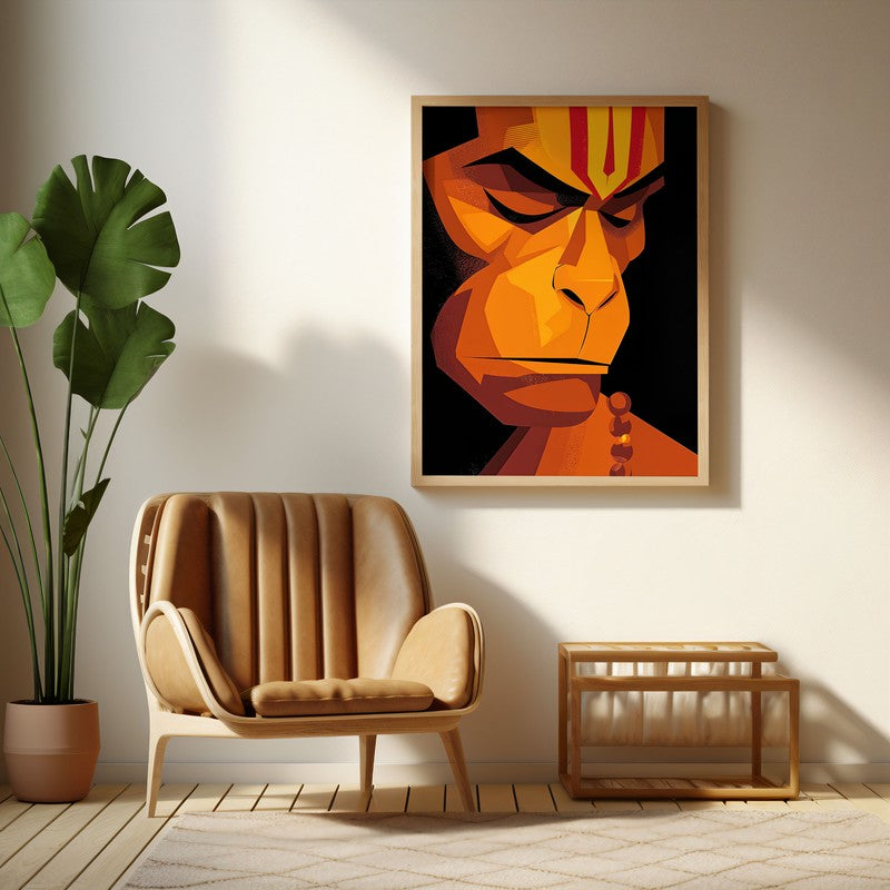 Powerful Bajrangbali II Archival Paper Wall Art - Natural Brown Frame