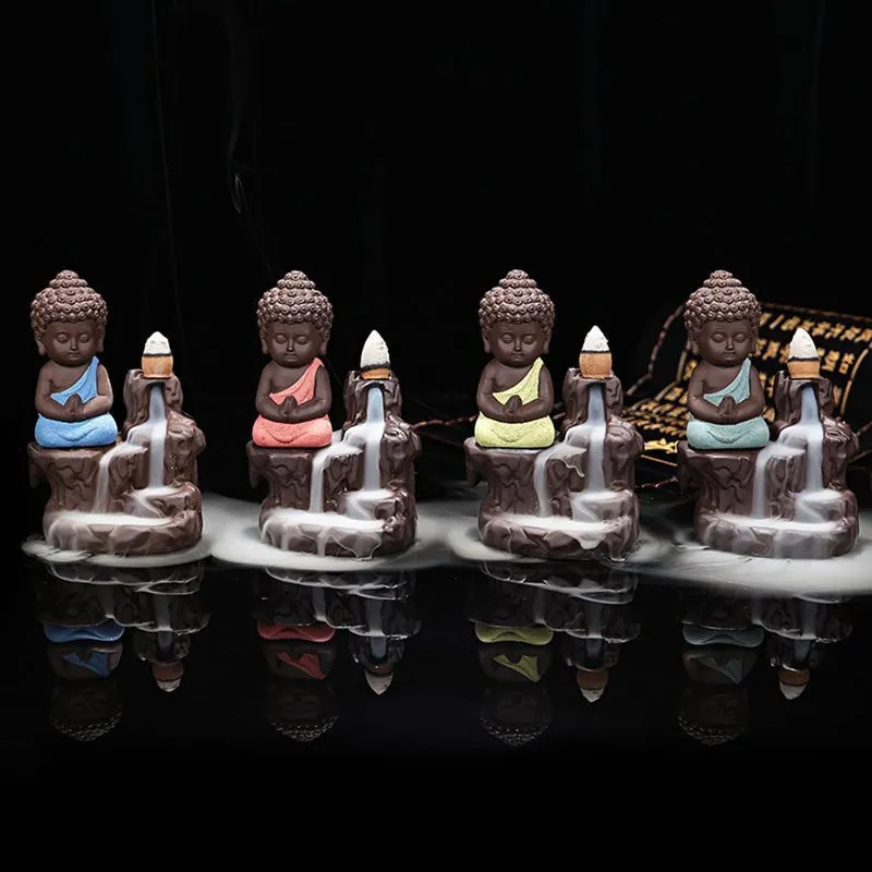 Baby Buddha Monk Polyresin Smoke Fountain - Orange & Brown media 6