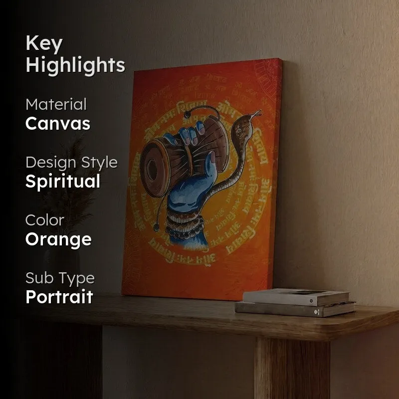 Orange spiritual canvas wall painting with blue hand and damaru motif