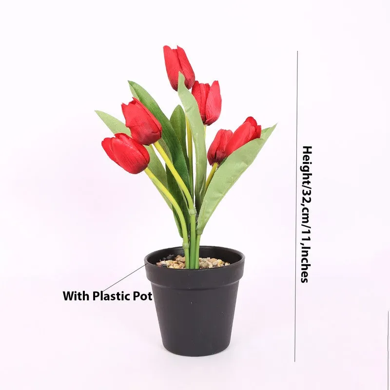 Artificial Tulip Flower Plant With Black Plastic Pot - Red media 6