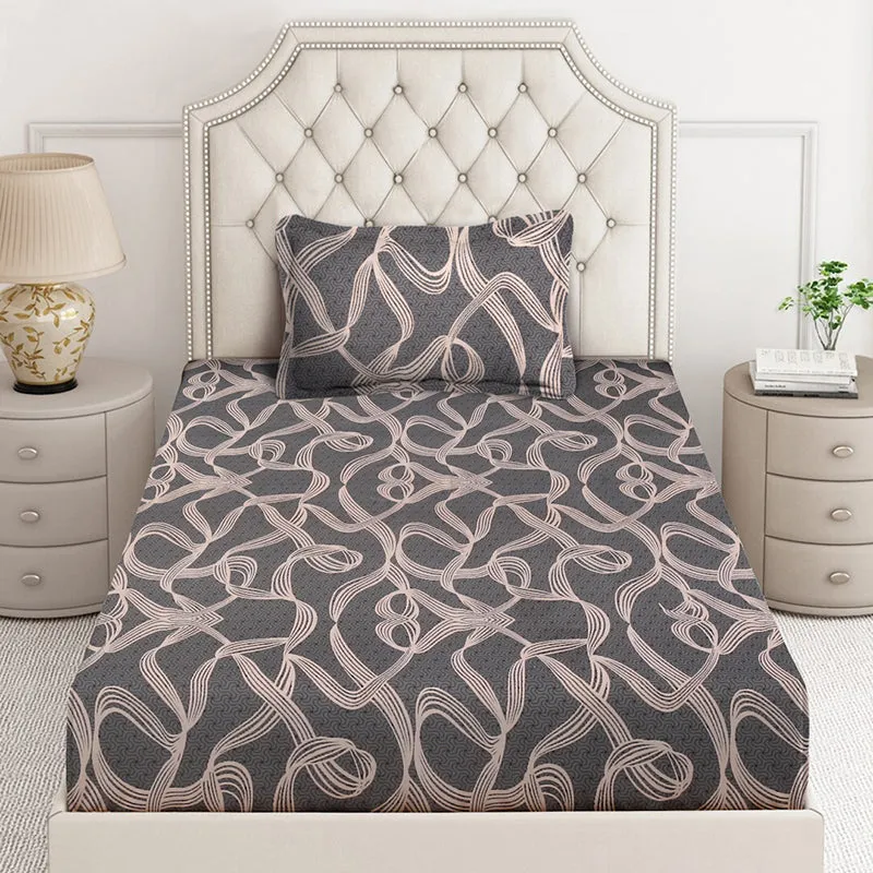 Front view of grey abstract bedsheet with matching pillow cover