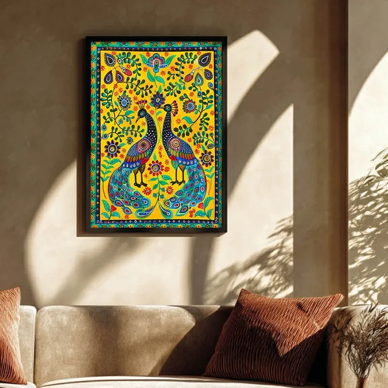 Colorful Peacock Folk Art Canvas Wall Painting With Black Frame media 5