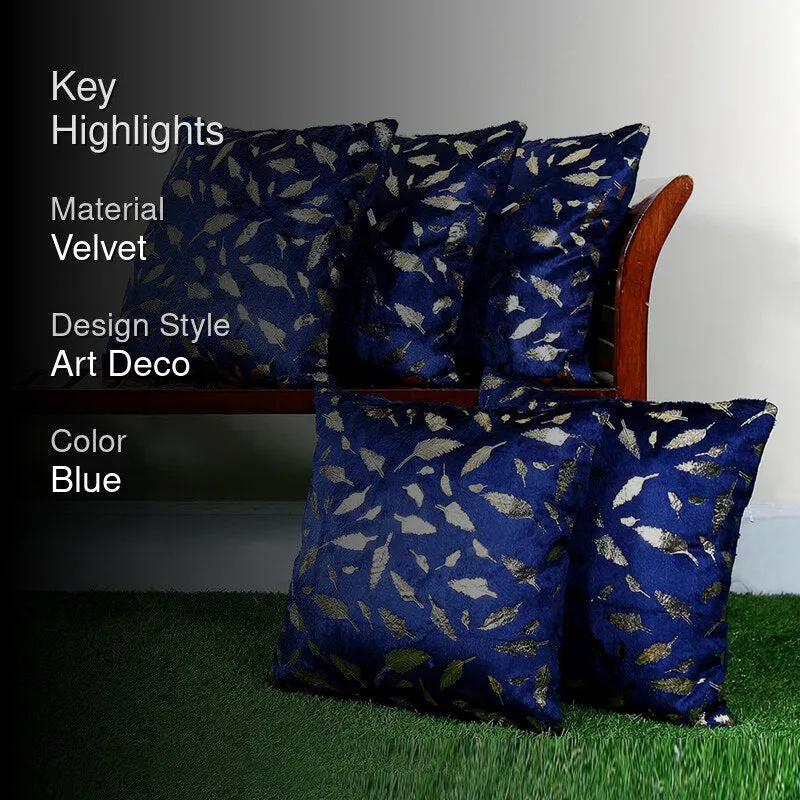 Golden Frond Velvet Cushion Cover (Blue) - Set Of Five media 2
