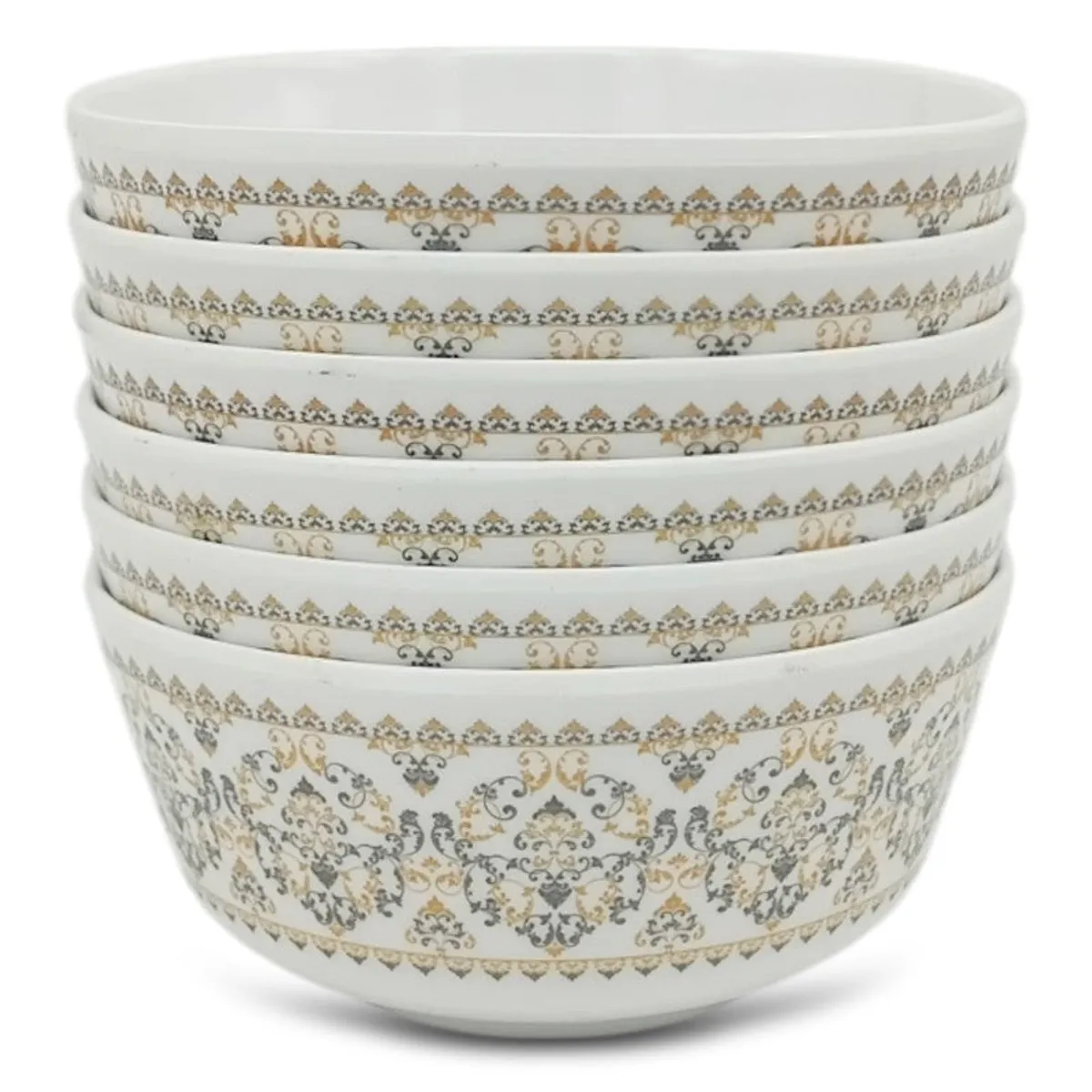 Stacked white snack bowls featuring ornate gold and grey decorative bands