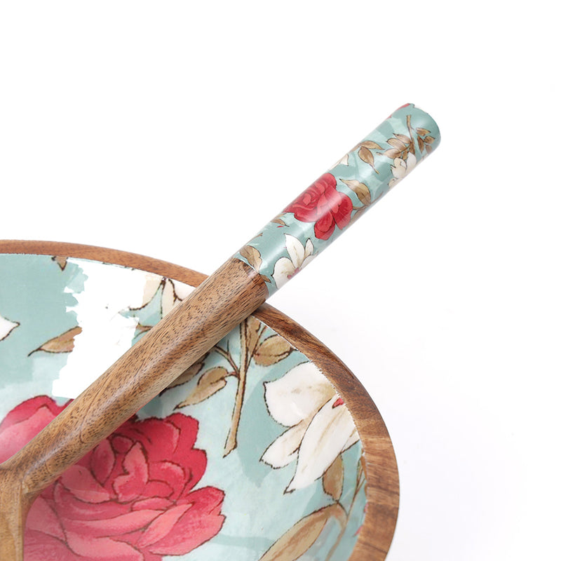 Fleur Aqua Enamel Coated Mango Wood Salad Bowl With Cutlery (900 mL) - Three Piece Set media 4
