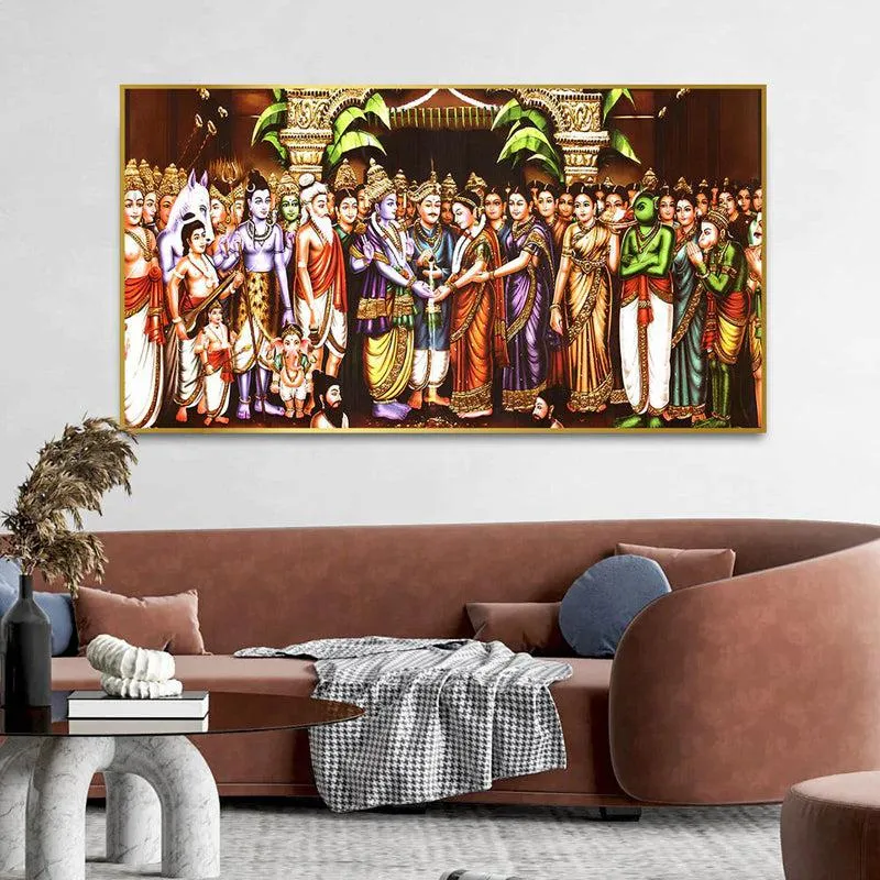 Sita-Rama Swayamvaram Spiritual Canvas Wall Painting With Frame - Gold media 1