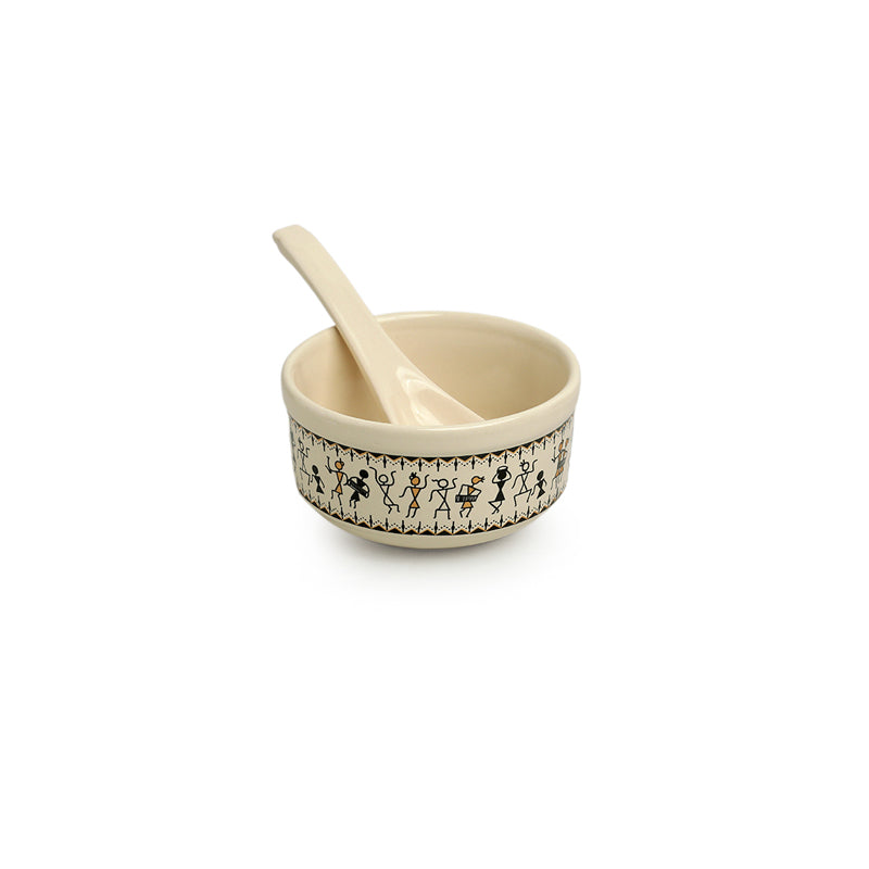 Warli Whirls Handcrafted Ceramic Soup Bowl With Spoon (300 ML) - Eight Piece Set media 4