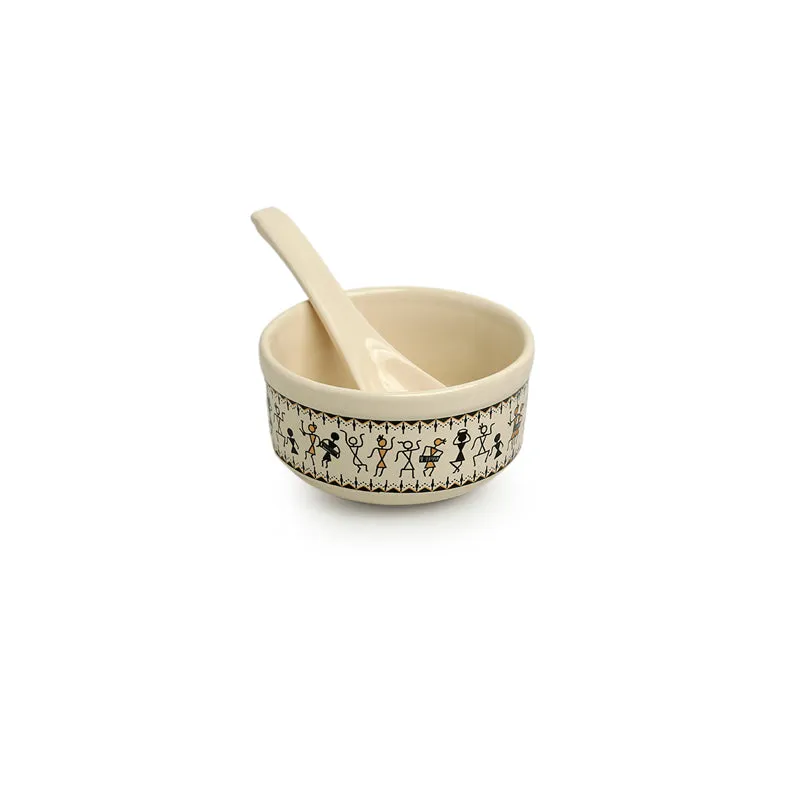 Warli Whirls Handcrafted Ceramic Soup Bowl With Spoon (300 ML) - Eight Piece Set media 4