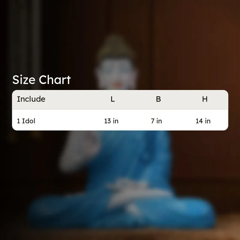 Blurred Buddha showpiece with size chart overlay