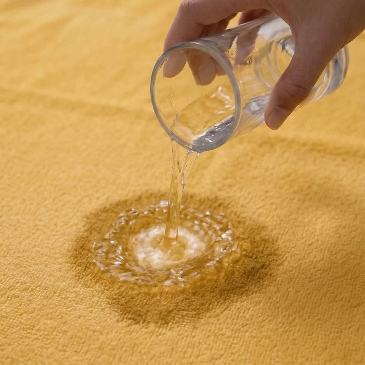 Water being poured onto a yellow towel to show absorbent terry texture.