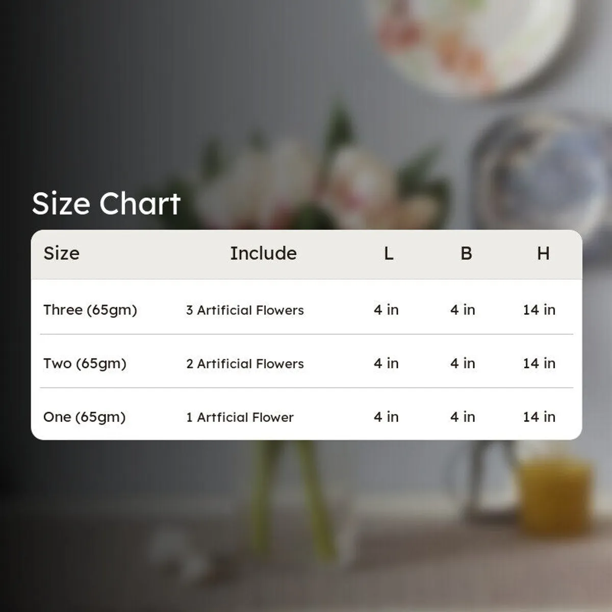 Product size chart graphic for the artificial tulip flower options