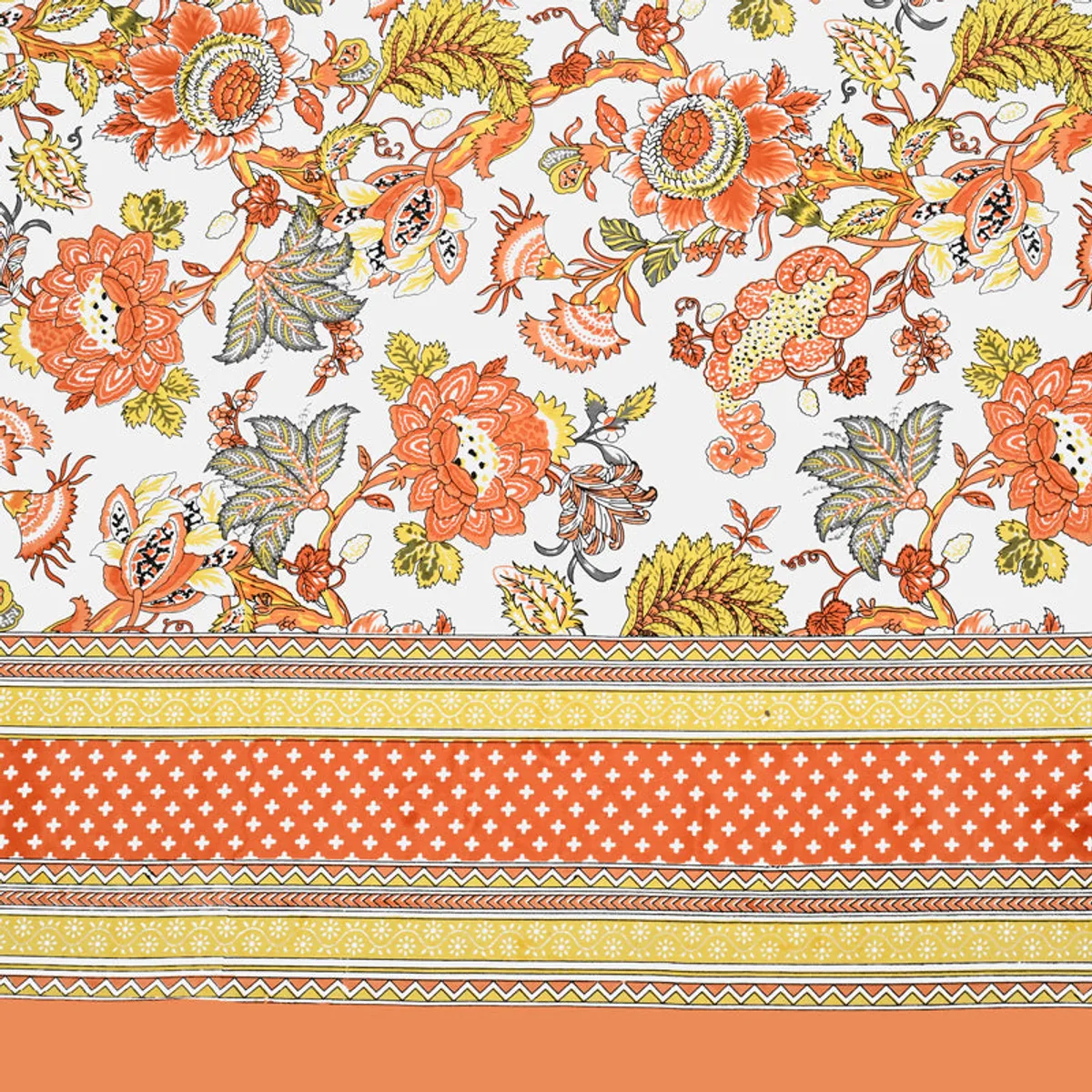 Close-up of orange, yellow and white floral print with patterned borders