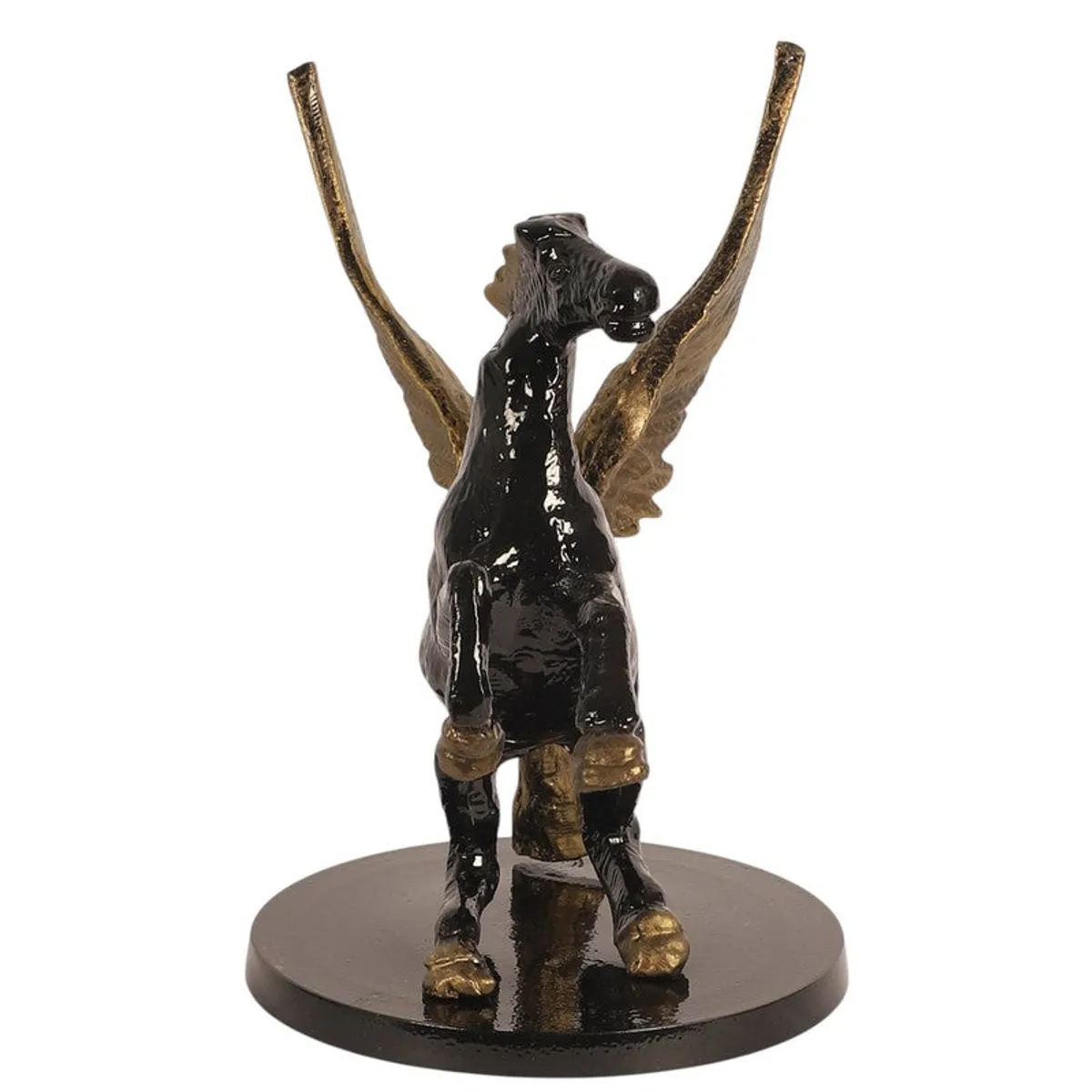 Front view of a black Pegasus figurine with gold wings on a round base