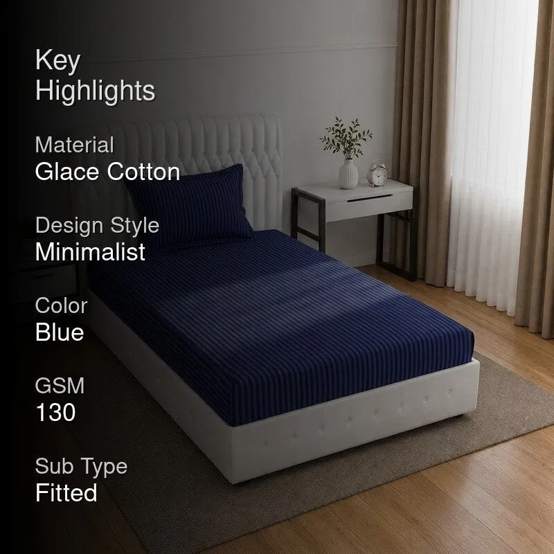 StripeScape Glace Cotton Fitted Bedsheet (Navy) - 130 GSM - 2