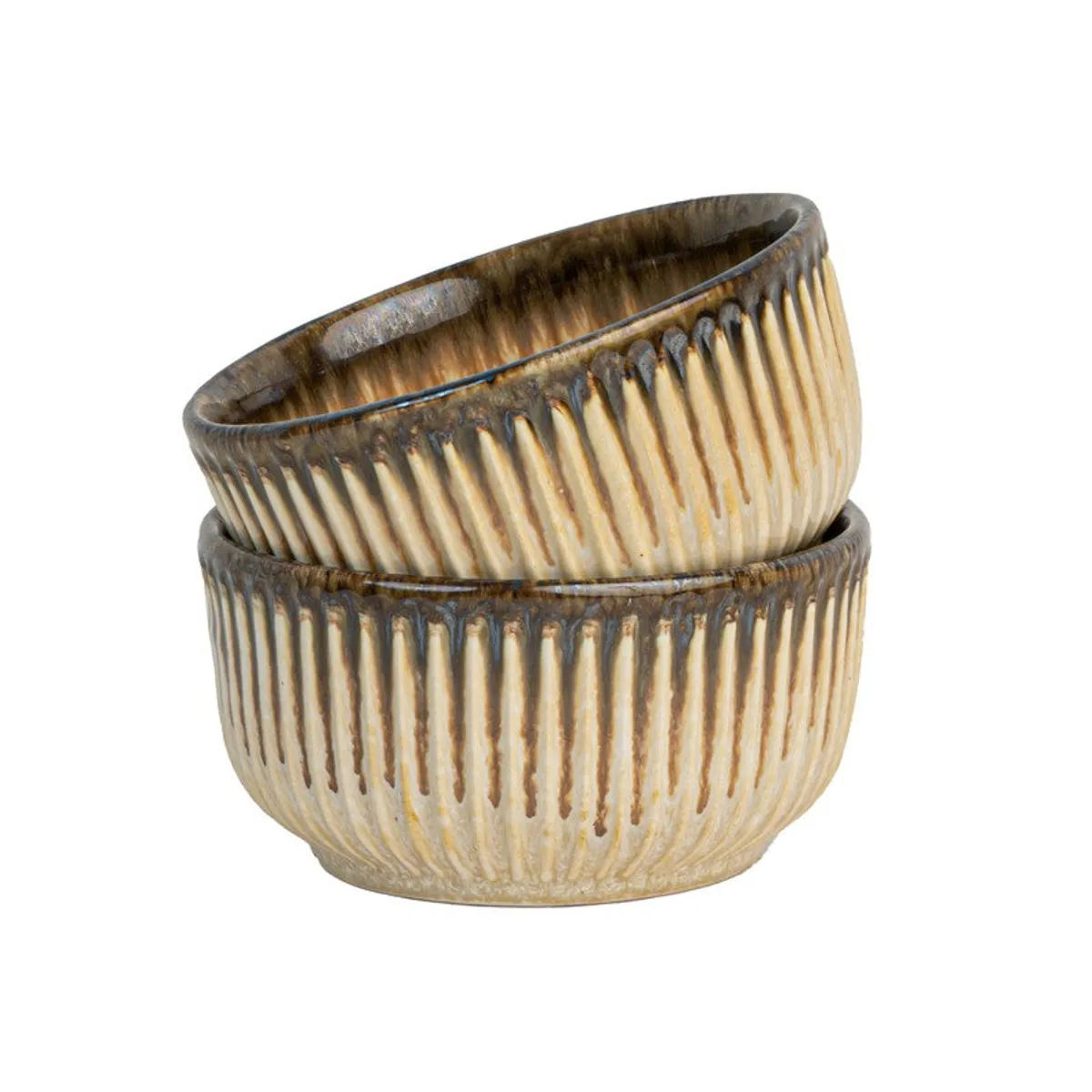 Two beige ceramic serving bowls with glossy brown ridged detailing, shown on a white background.