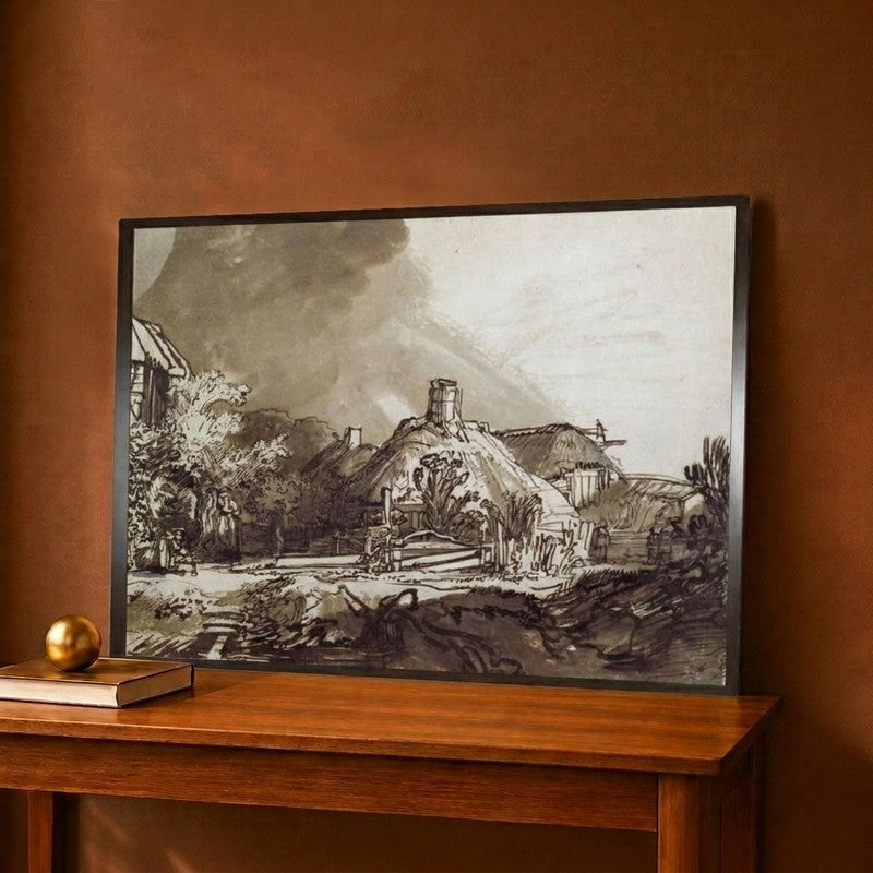 Houses Under A Stormy Sky Pen And Brown Ink Drawing Canvas Wall Painting - 12 x 9 Inches